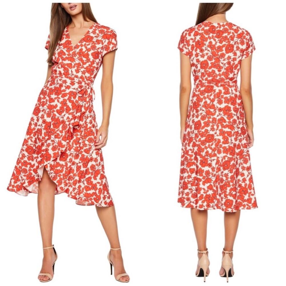Bardot Women's Fiesta Floral Faux Wrap Short Sleeve Dress‎ in Red Size 12